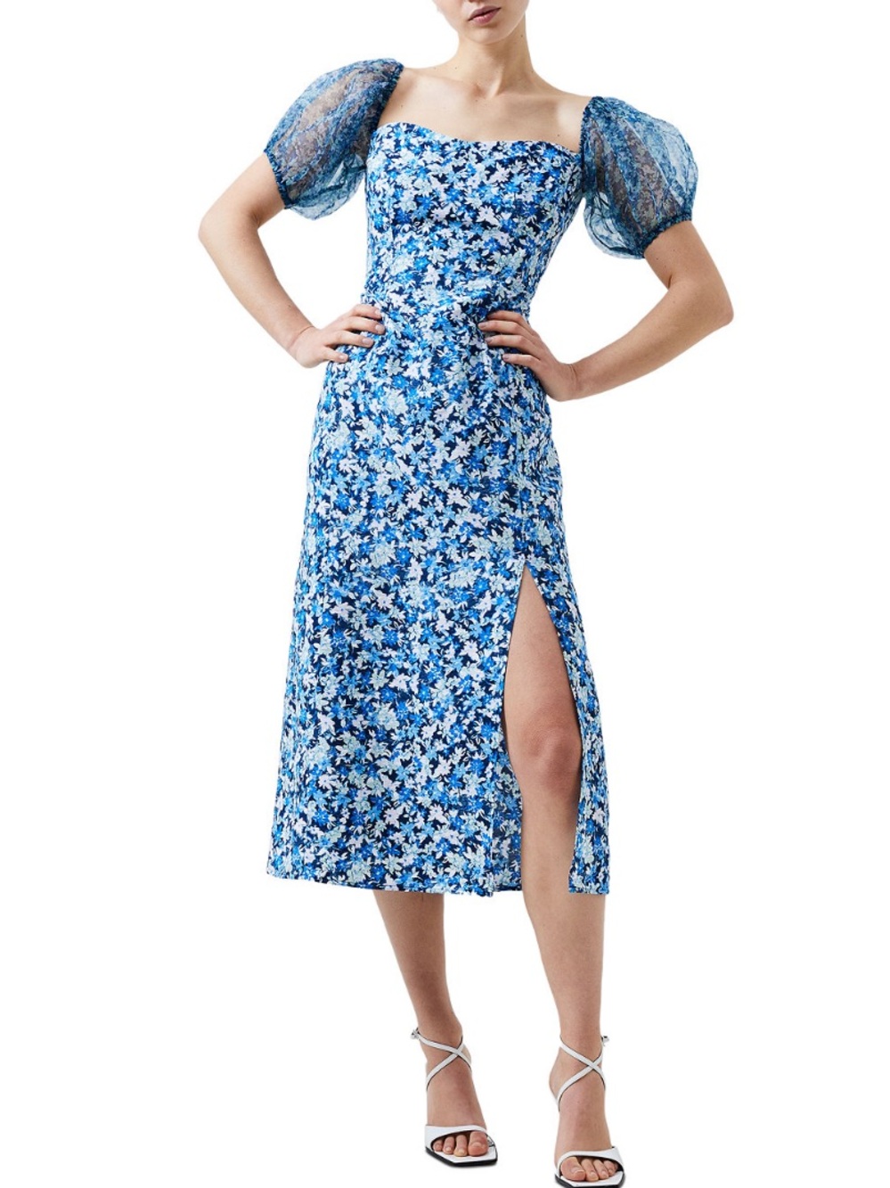NWT French Connection Clara Floral puff sleeve dress midnight blue Sz 10 Boho
